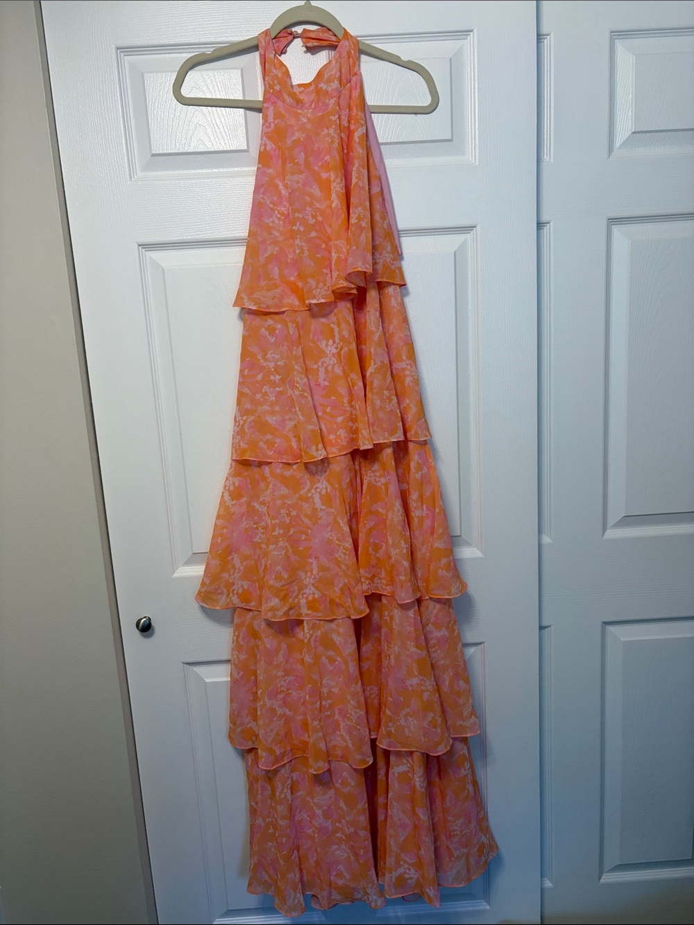 Tiered Halter Open Back Maxi Dress - Peach Floral